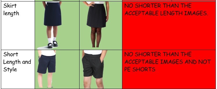 Chart of acceptable skirt and short lengths