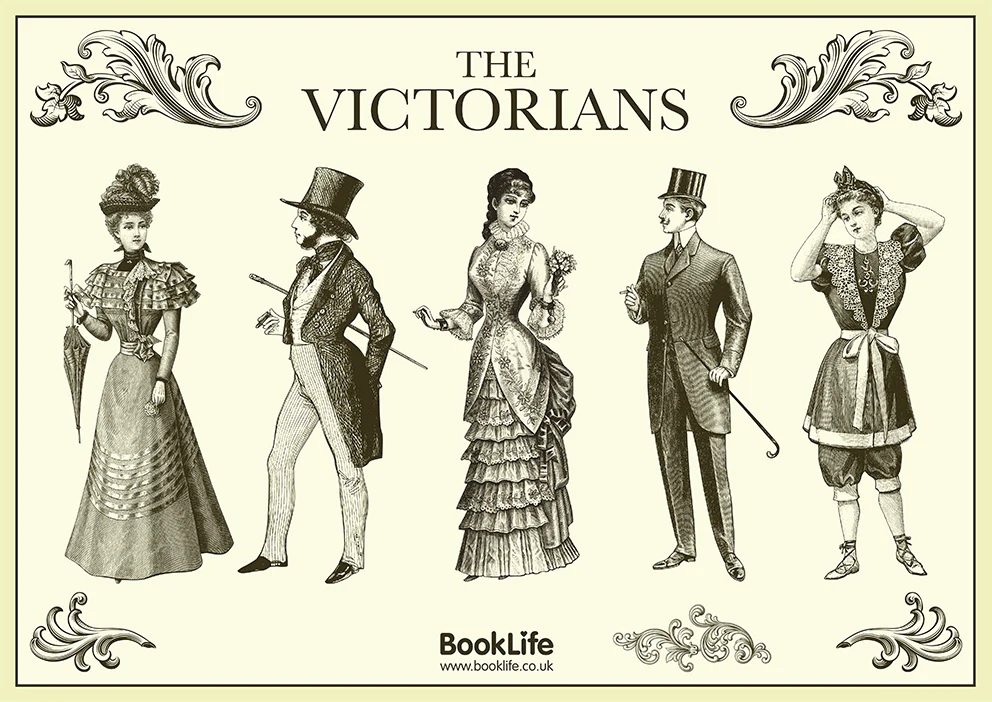Illustrated poster of Victorian-era fashion figures
