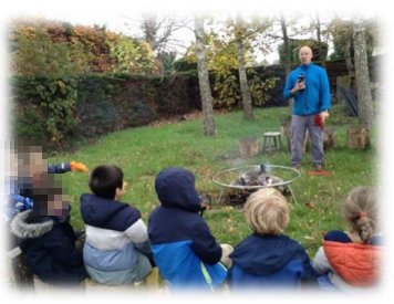 Children sitting round the firepit with an adult leader