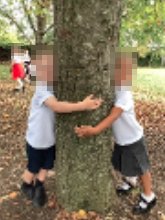 Two children hugging a tree
